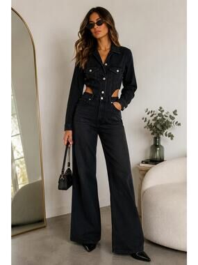 Zara Black Denim Cutout Jumpsuit Womens XS Wide Leg Long Sleeve Western Chic